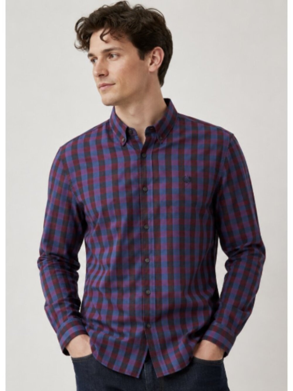 FRED PERRY 100% Cotton Check Plaid Shirt Small Mod Retro Preppy Red Blue